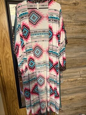 Honeyme Aztec Geo Print Open Front Cardigan - White, Pink, Teal, Black